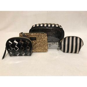 Betsey Johnson 4 Piece Cosmetic Makeup Bag Gold